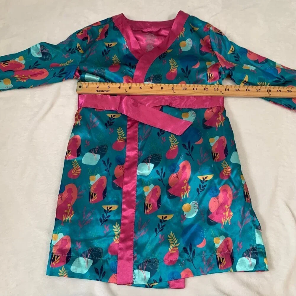 5/$25 Disney Robe Kids Size 5/6 Teal Pink Abstract‎ Floral Satin Wrap Loungewear